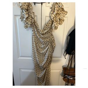 Black polka dot, beige dress